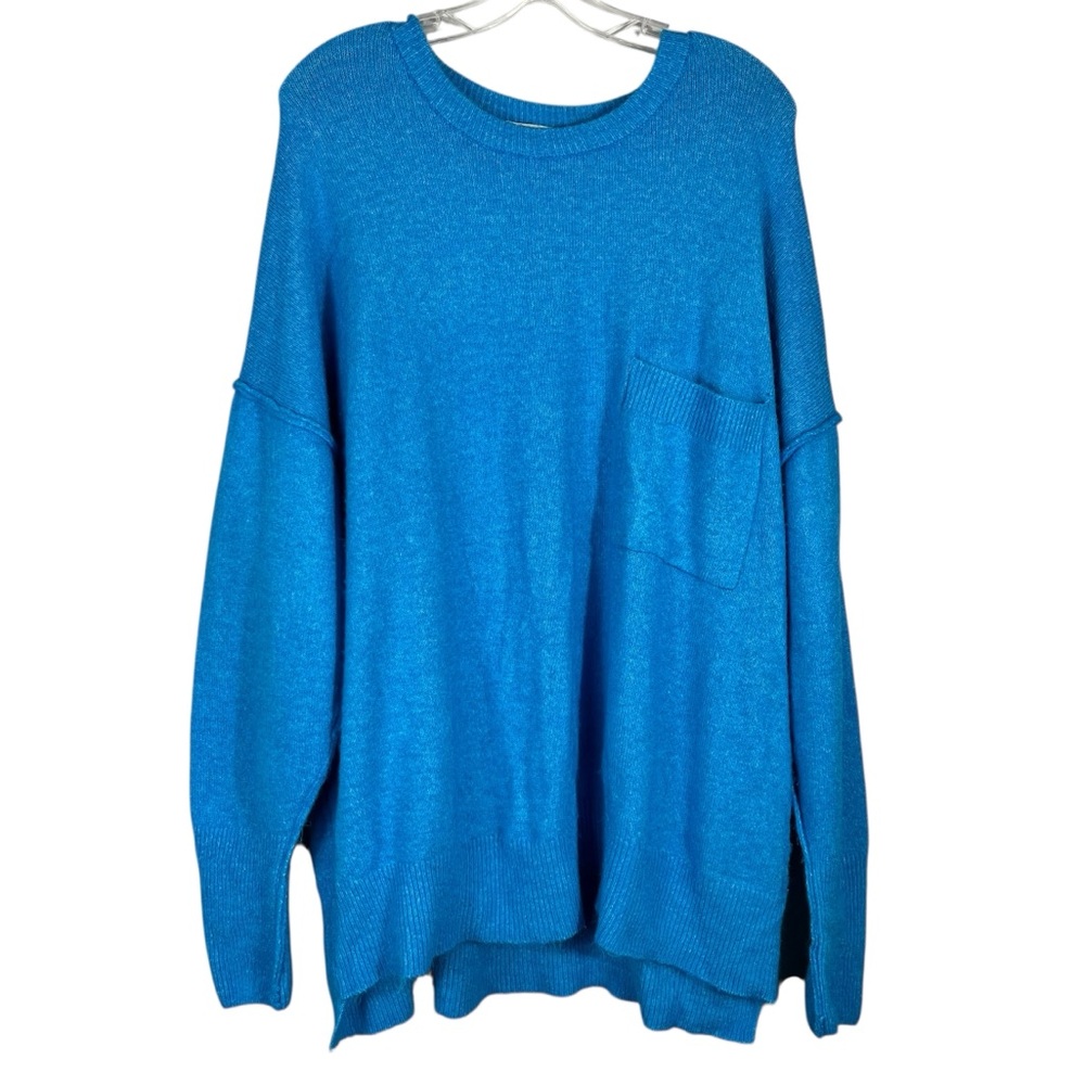 Zenana Bright Blue Fuzzy Knit Oversized Pocket Sweater Top XL Stretchy Knit